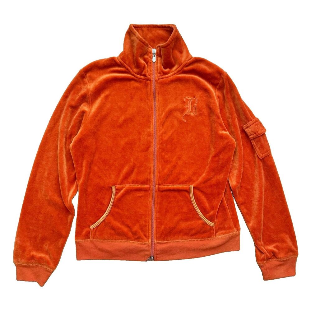 Y2K BCBG Maxazria Track Jacket Petite XL Full Zip Orange Velour w Back Spell Out